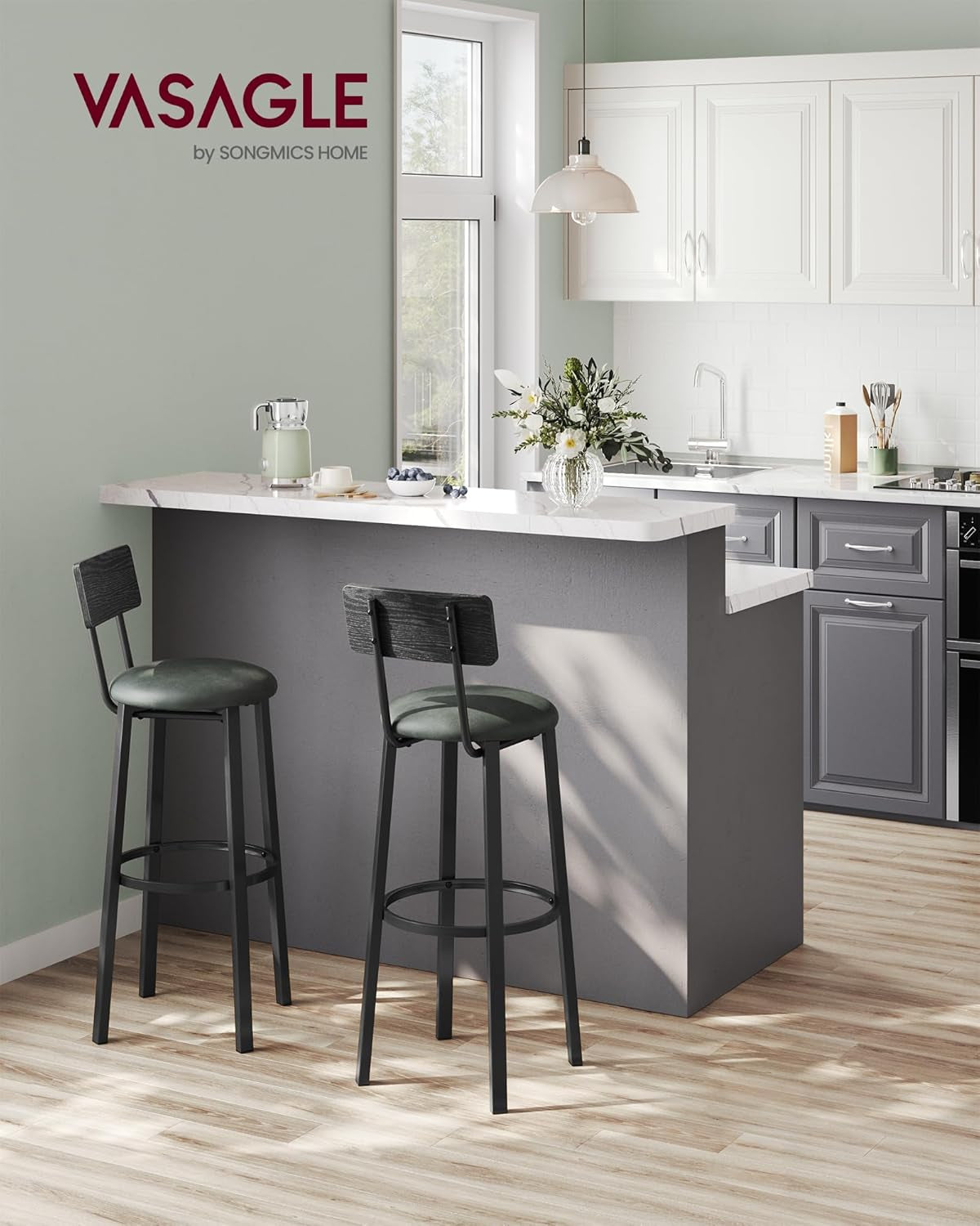 Bar Stools, Set of 2 PU Upholstered Breakfast Stools, 29.7-Inch Barstools with Back and Footrest, Simple Assembly, for Dining Room Kitchen Counter, Classic Black and Forest Green ULBC069C01-1