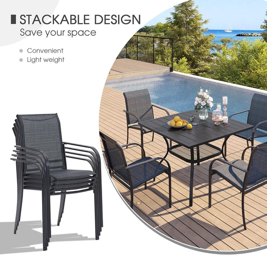 5 Pieces Patio Dining Set, Outdoor Furniture Set Includes 1 Square Patio Table and 4 Stackable Patio Sling Chairs, Outdoor Table and Chairs for Outsides, Black Table and Grey Chairs-1