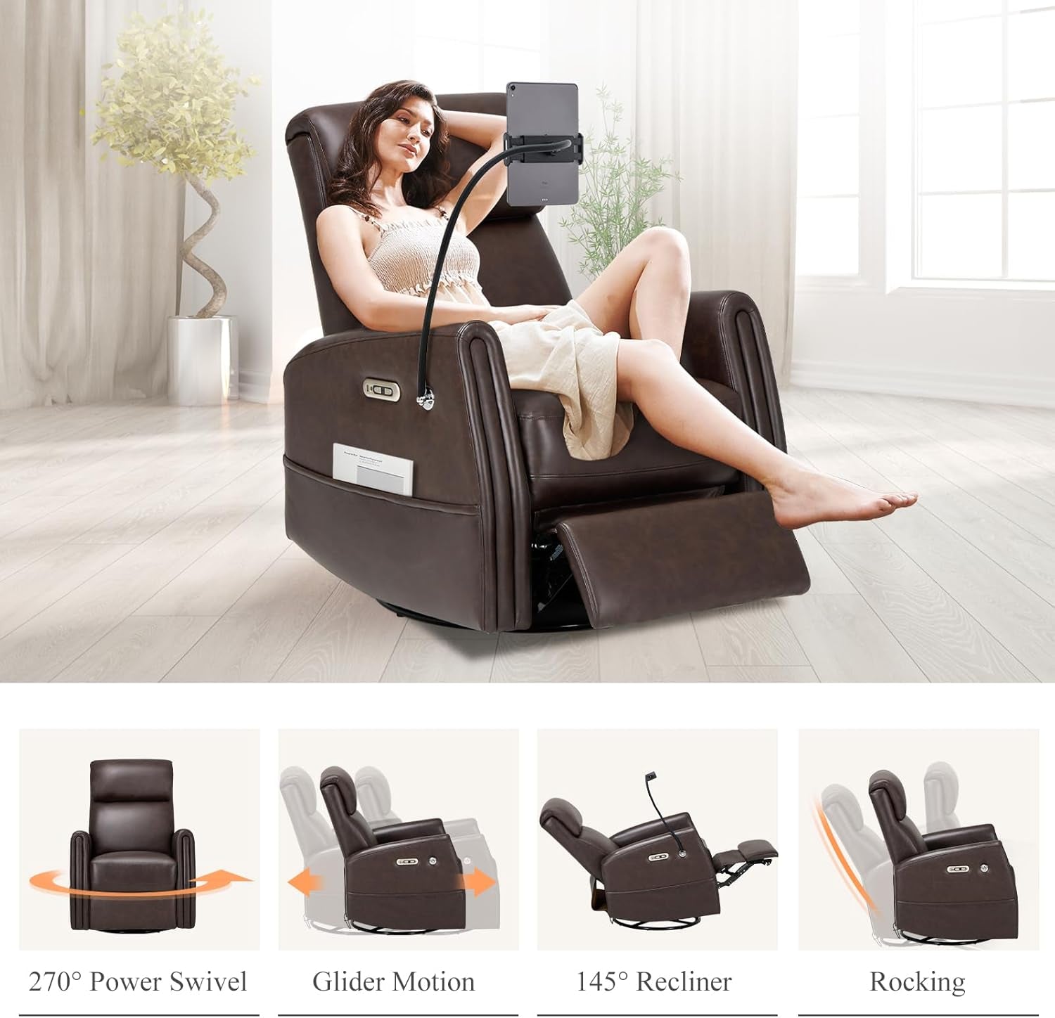 Power Recliner Chair Swivel Glider Rocker for Nursery, Upholstered Faux Leather Living Room Rocking Reclining Single Sofa Chair with 2 Device Holders, Chocolate-3