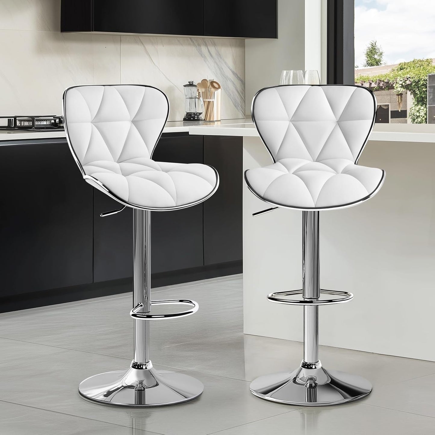 Bar Stools Set of 2, Island Chairs Shell Back, PU Leather Adjustable Barstools, Swivel Bar Chairs with Footrest for Home Kitchen, White-1