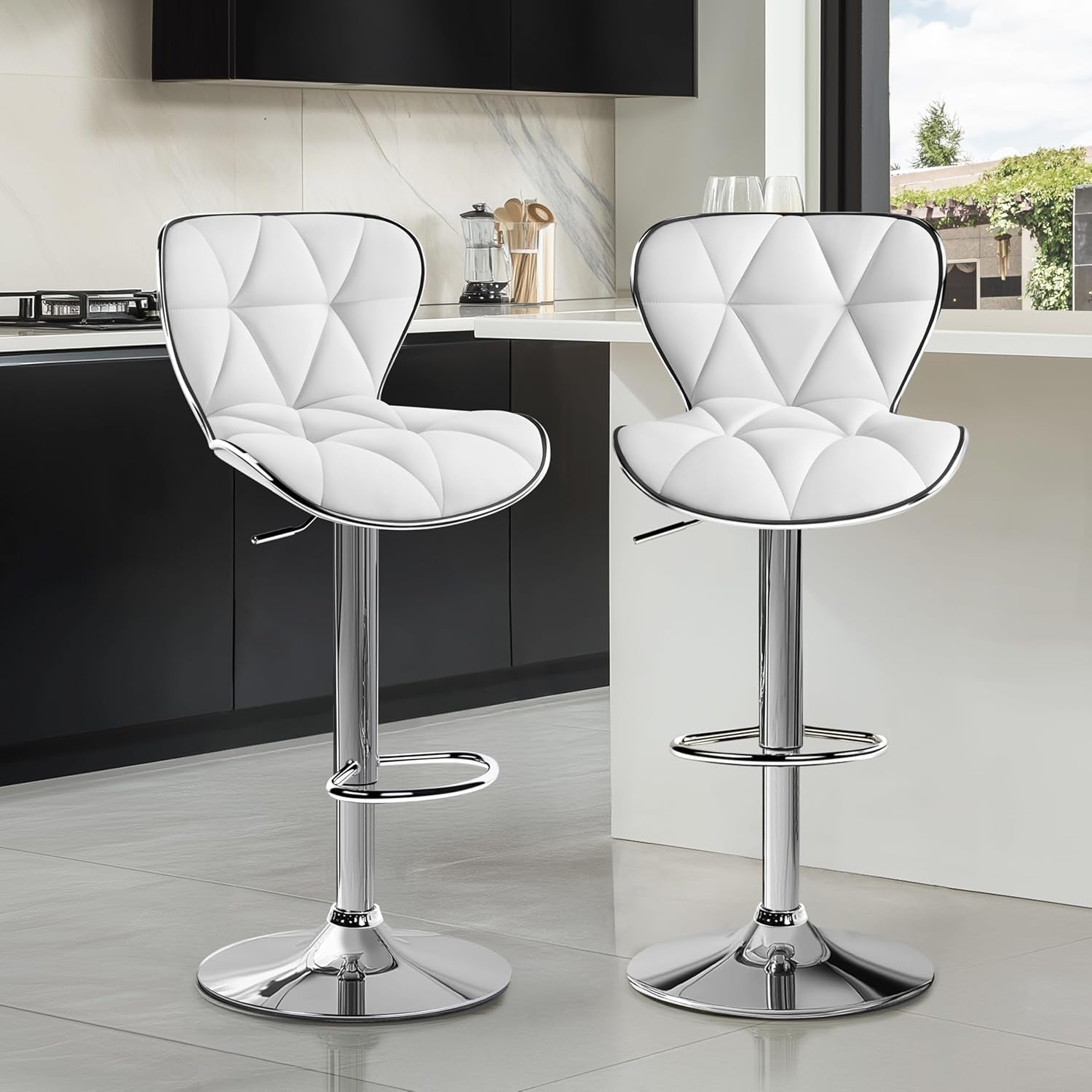 Bar Stools Set of 2, Island Chairs Shell Back, PU Leather Adjustable Barstools, Swivel Bar Chairs with Footrest for Home Kitchen, White-1