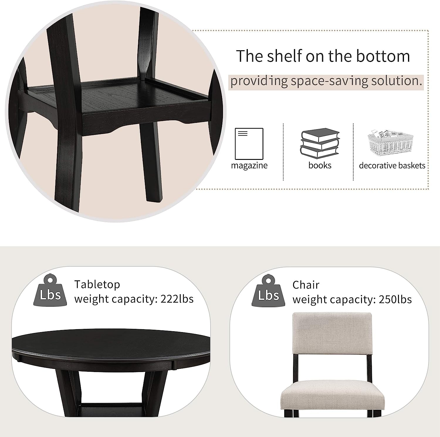 5-Piece Dining Set, round Bottom Shelf, 4 Upholstered Chairs-2