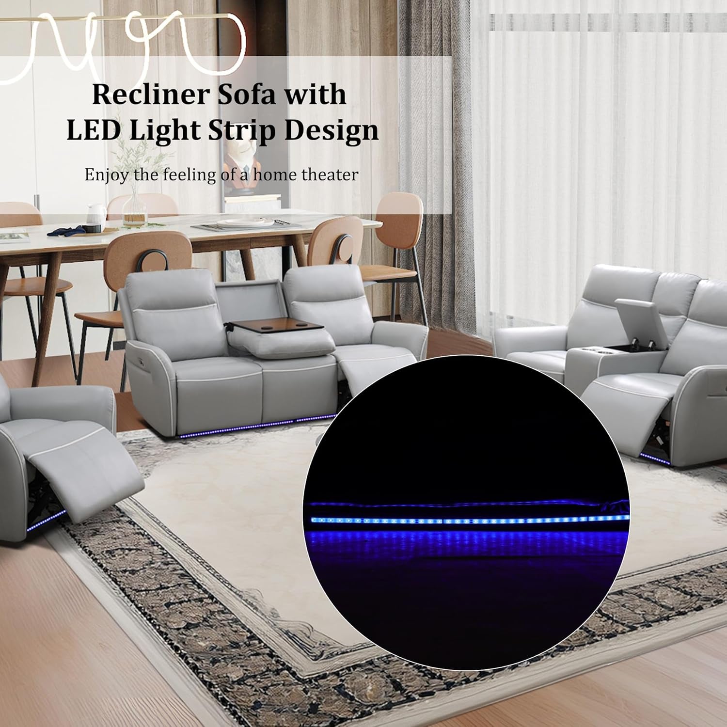 Power Recliner Sofa Set with LED, Breathing Leather Reclining Sofa Set, Living Room Set Recliner Couch Loveseat with USB Port/Cup Holder/Storage for Living Room (3 Pieces Couch Set, Light Grey)-2