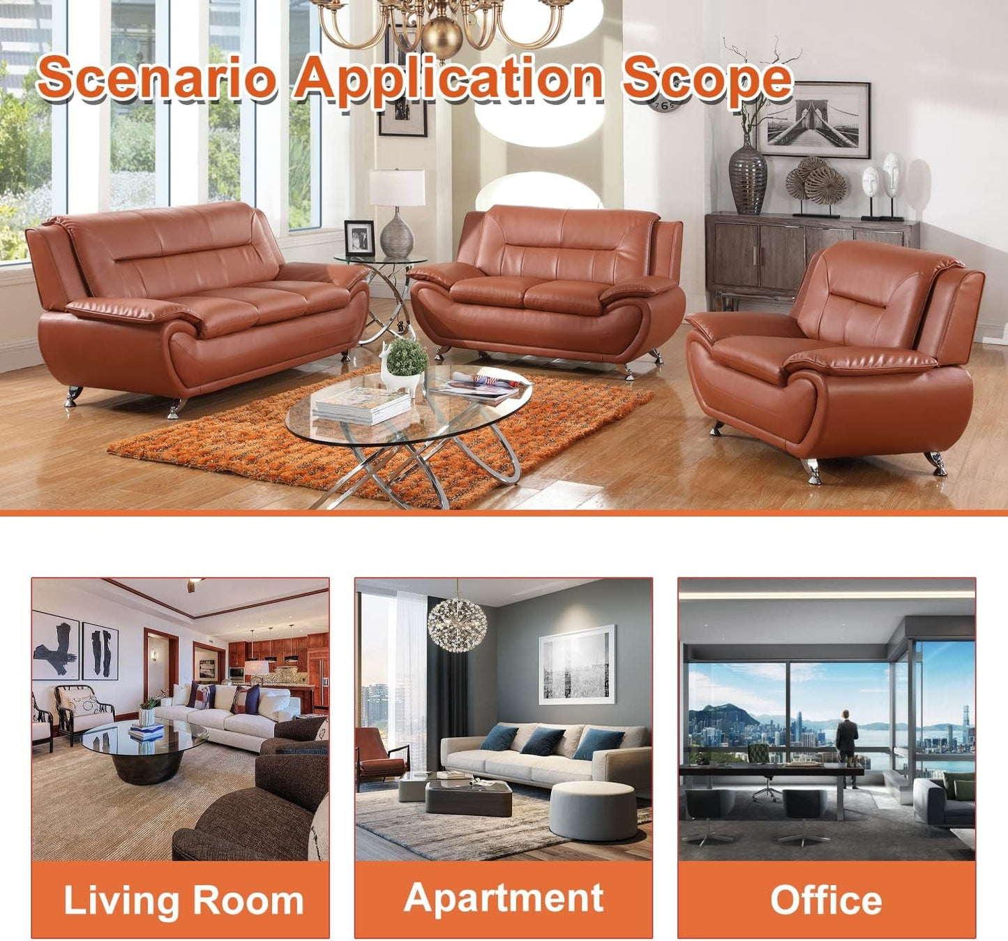 Leather Couches for Living Room, Living Room Couch Set, Sofa for Bedroom, Apartment, Living Room Furniture Sets (B-Leather Orange, Chair)-3