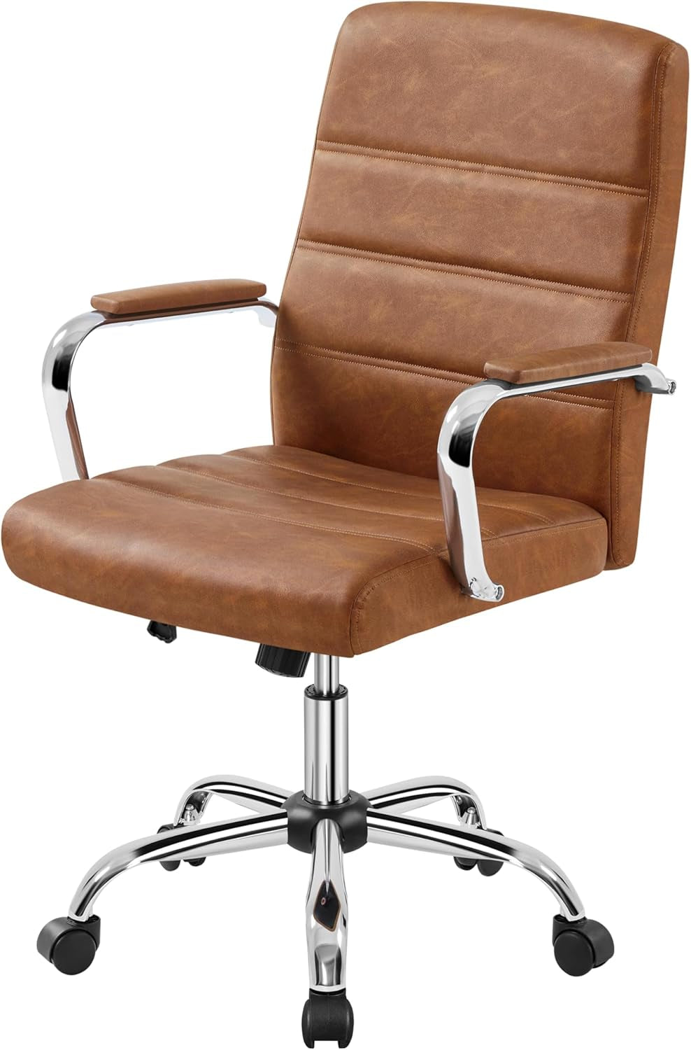 Mid-Back Office Chair with Arms Swivel PU Leather Height Adjustable Office Executive Chair, Retro Brown-0