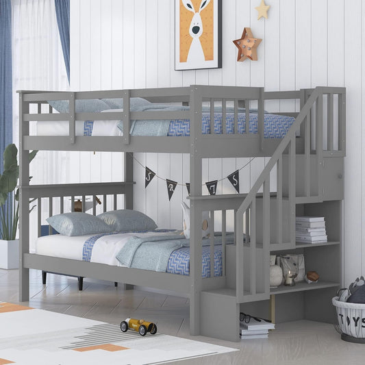 Bunk Beds Twin over Twin with Stairs, Wood Bunk Bed Frame with Storage and Guard Rail,Twin Bunk Beds for Kids, Bedroom, Dorm, Teens, Adults,Grey-0