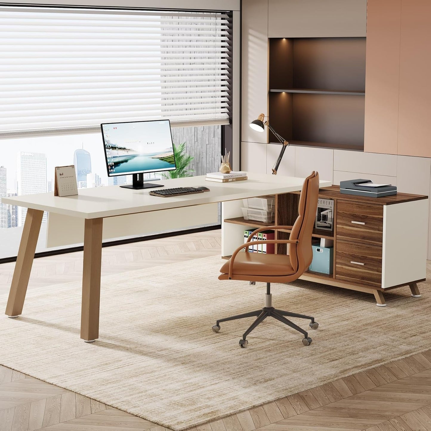 71-Inch Executive Desk, L-Shaped Desk with 55-Inch Cabinet, Large Office Desk with Storage Shelves, Modern Computer Desk for Home Office, Walnut & White-2