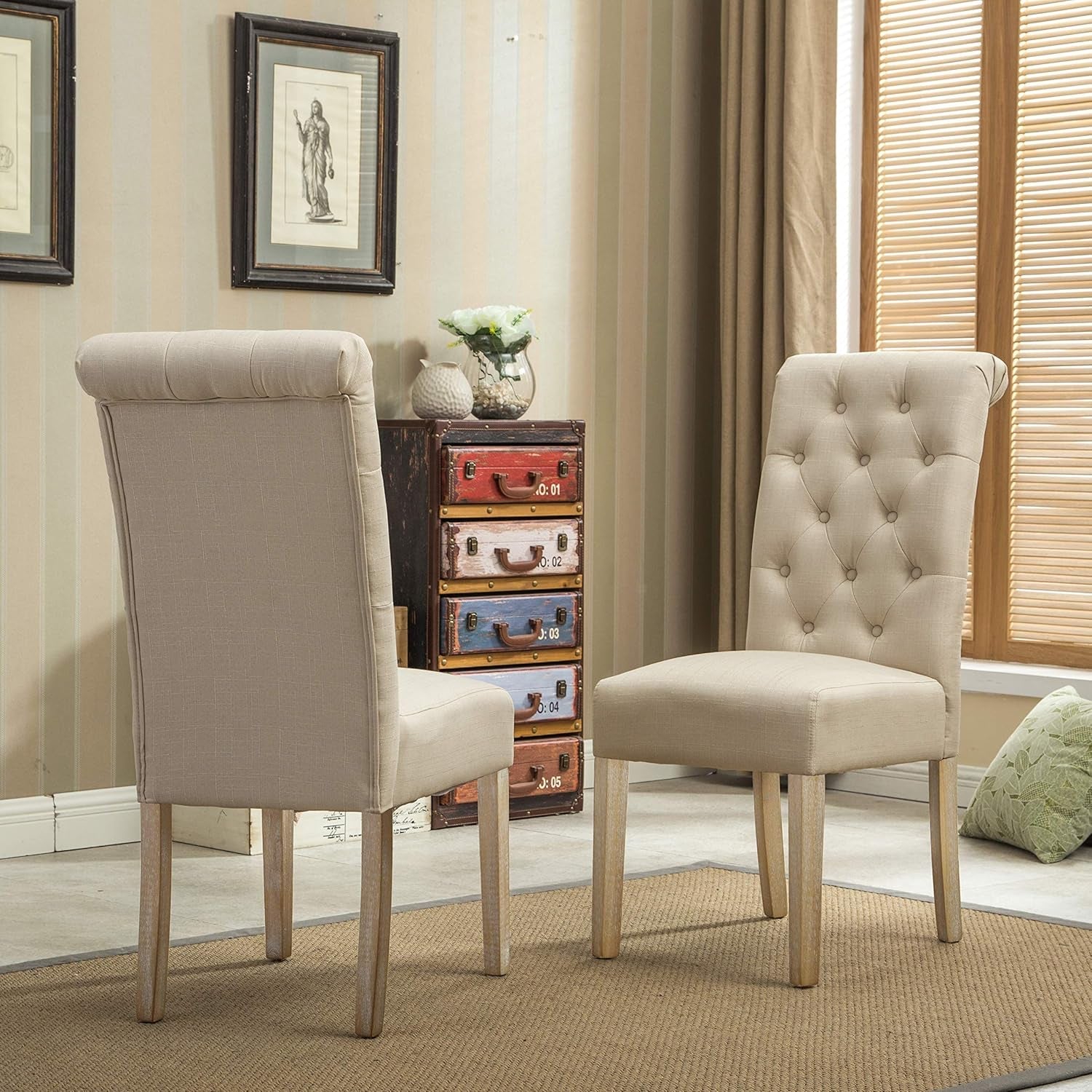 Habit Solid Wood Tufted Parsons Dining Chair (Set of 2), Tan-2