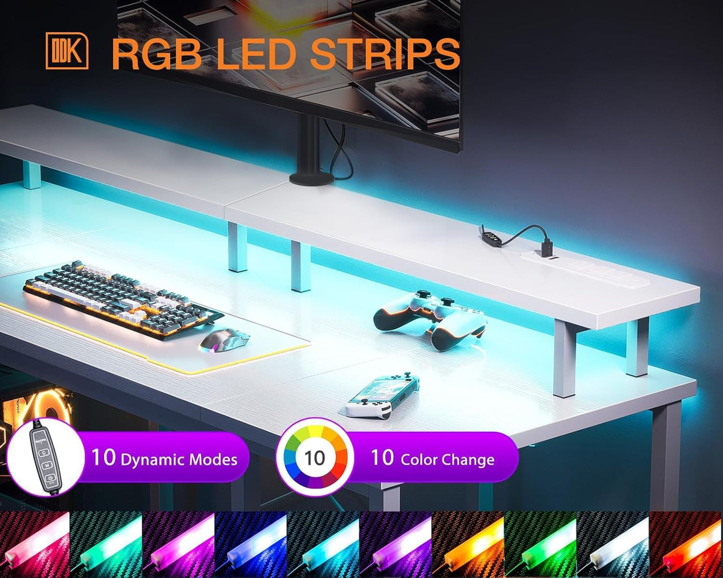 48 Inch Gaming Desk with LED Lights & Power Outlets, Computer Desk with Monitor Stand & Storage Sheves, CPU Stand, Home Office Desk, White-3