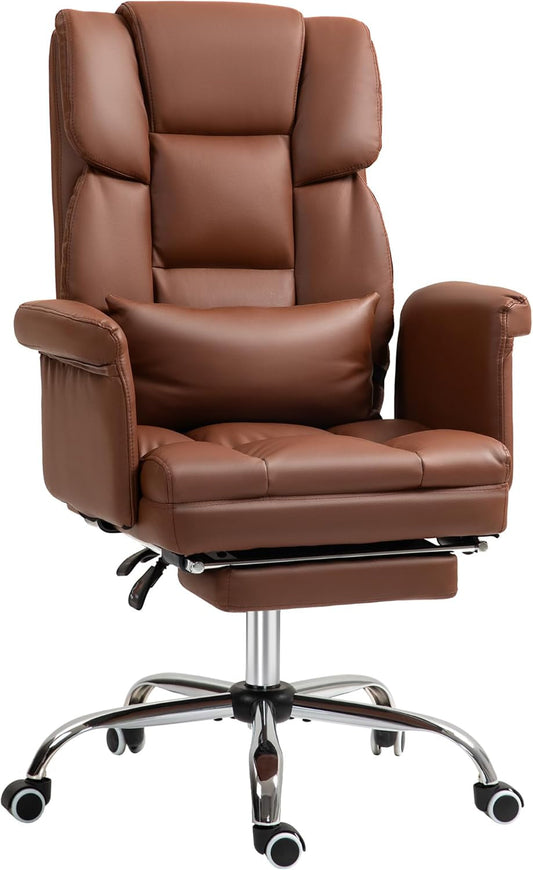 Executive Office Chair with Footrest and Lumbar Support, PU Leather Ergonomic Office Desk Chair, Reclining and Swivel Chair, Brown-0