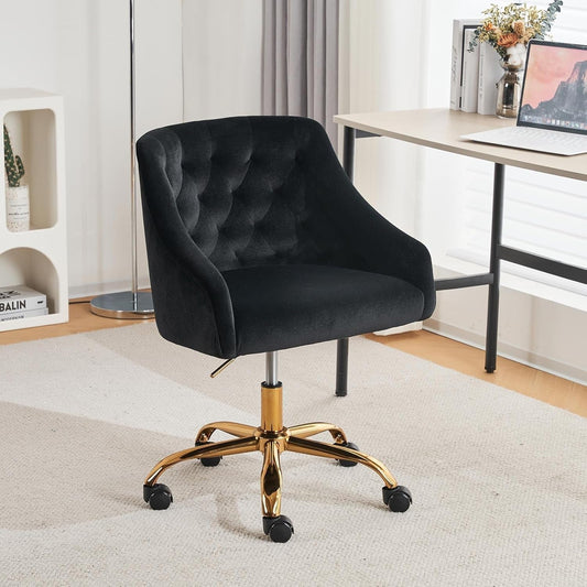 Velvet Office Swivel Chair, Vanity Chair, Fabric Desk Chair, Pretty Fancy Chair, Gold Office Chair for Girls, 360°Swivel Height Adjustable Reception Chair (Black)-0