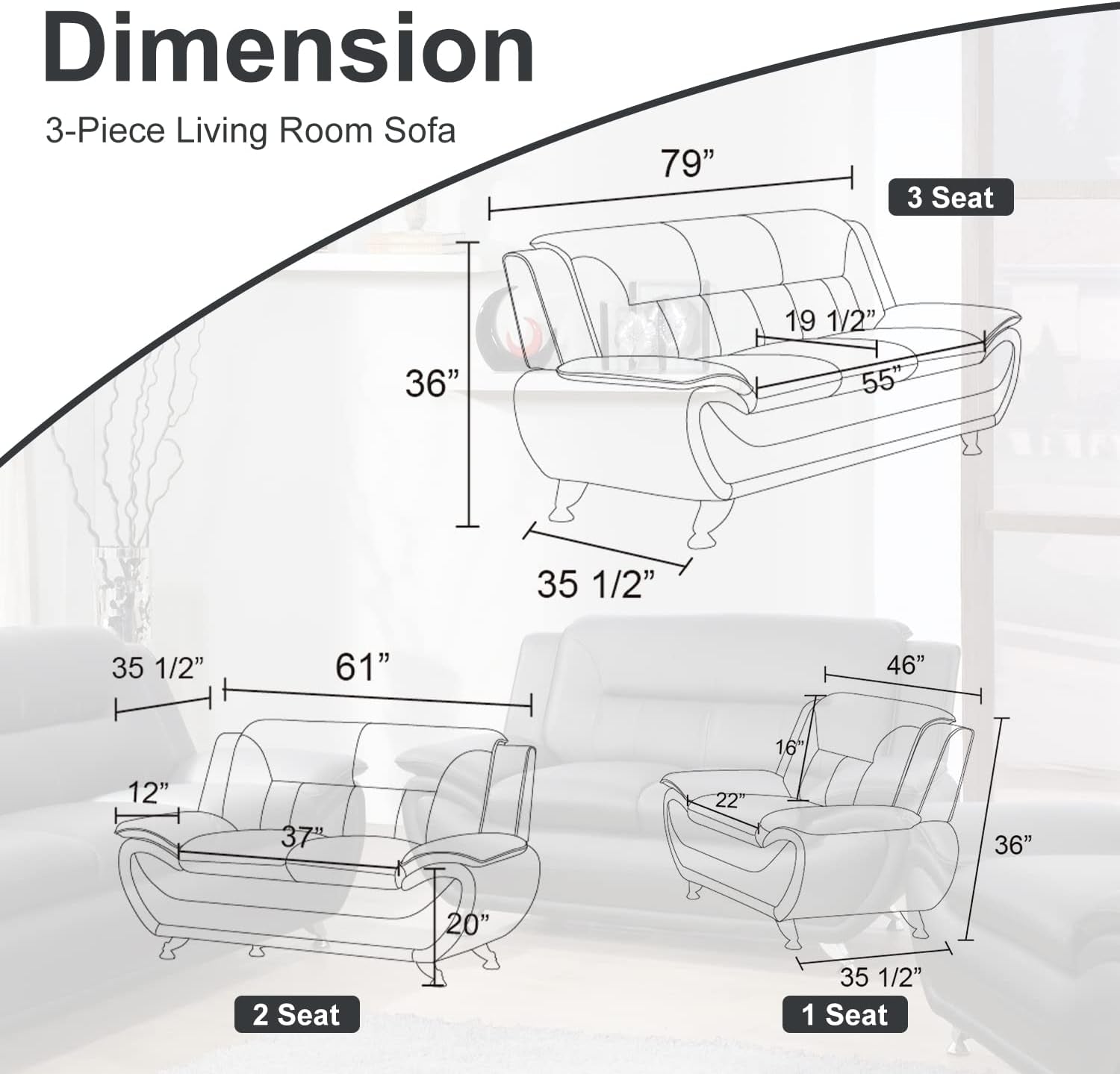 Modern Living Room Furniture Set,Leather Sofa Set for Living Room,Leather Couch Living Room Set for Office (Sofa and Loveseat Set,Black 2)-1