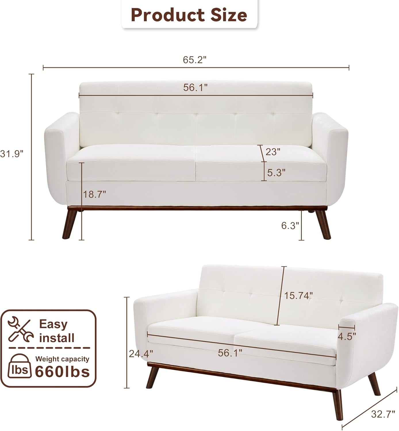 65.2" W Loveseat Sofa, Mid Century Modern Decor Love Seat Couches for Living Room, Button Tufted Upholstered Furniture, Solid & Easy to Install Small Couch for Bedroom Office Apartment, White-1