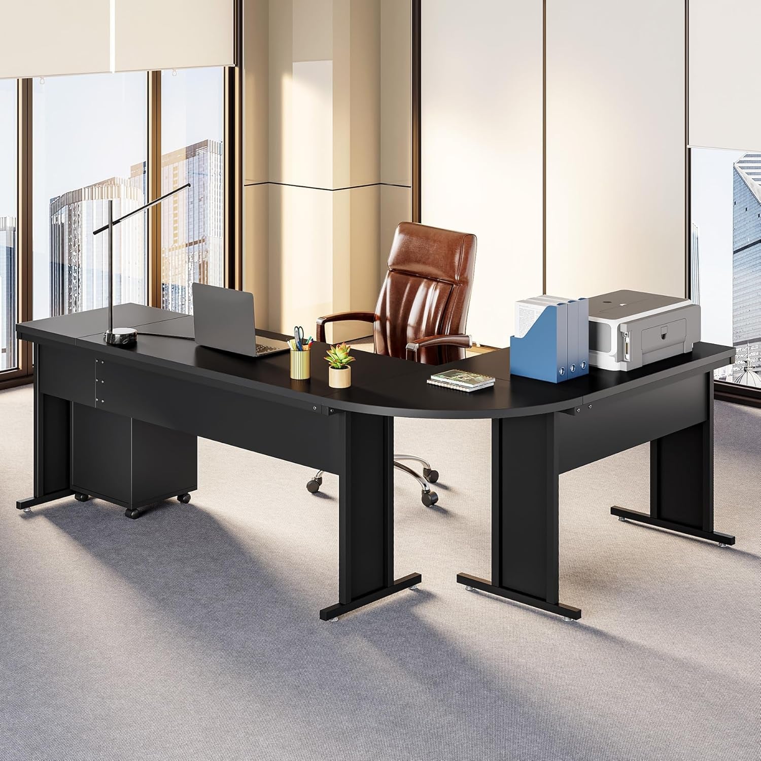 82.67" Long Executive Desk Large L-Shaped Computer Office Desk with 3-Drawer Mobile File Cabinet, Industrial Business Furniture Desk Workstation for Home Office, Black-1