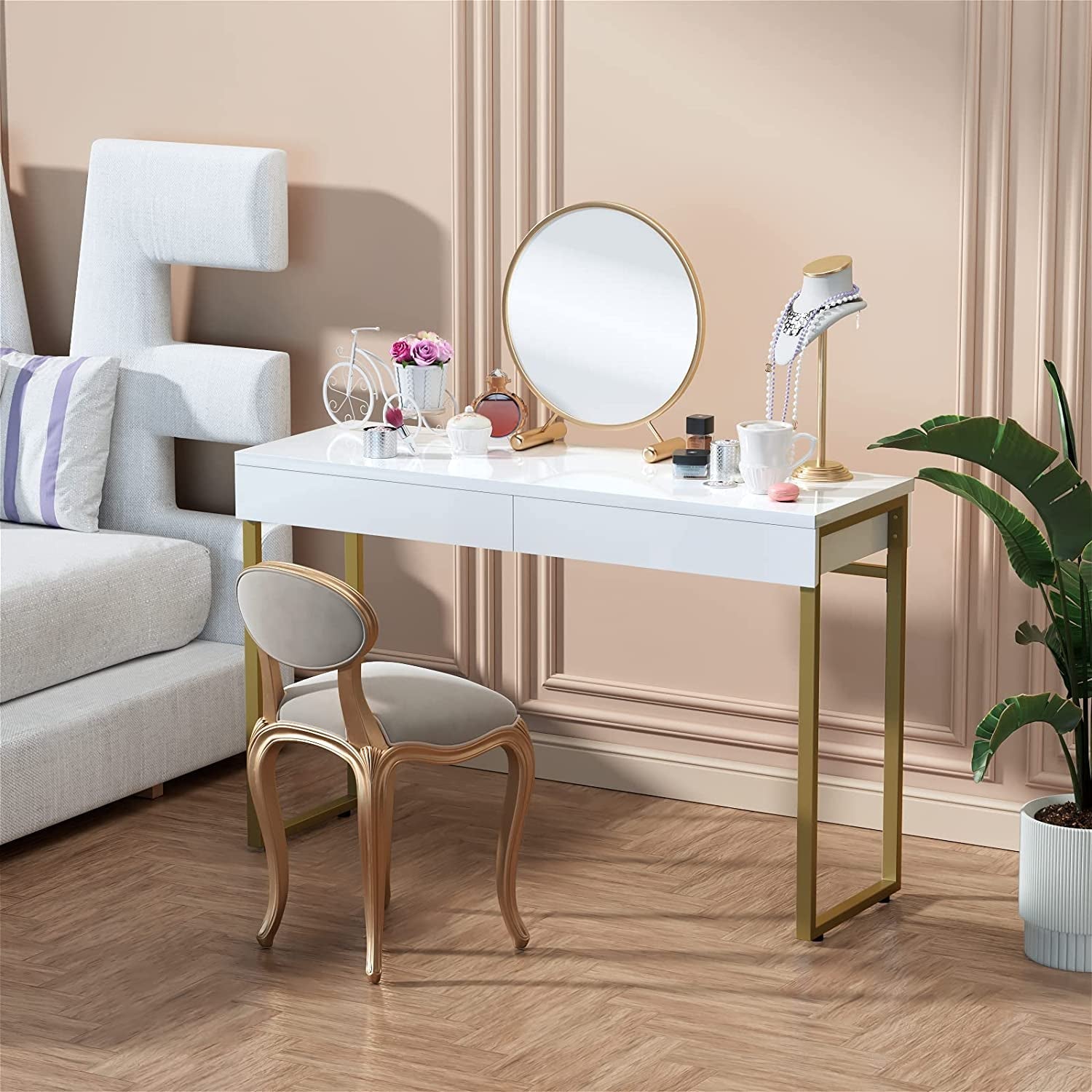 White Glossy Vanity Desk with Gold Legs, 2 Drawers-0