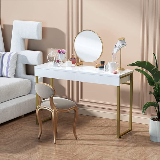 White Glossy Vanity Desk with Gold Legs, 2 Drawers-0