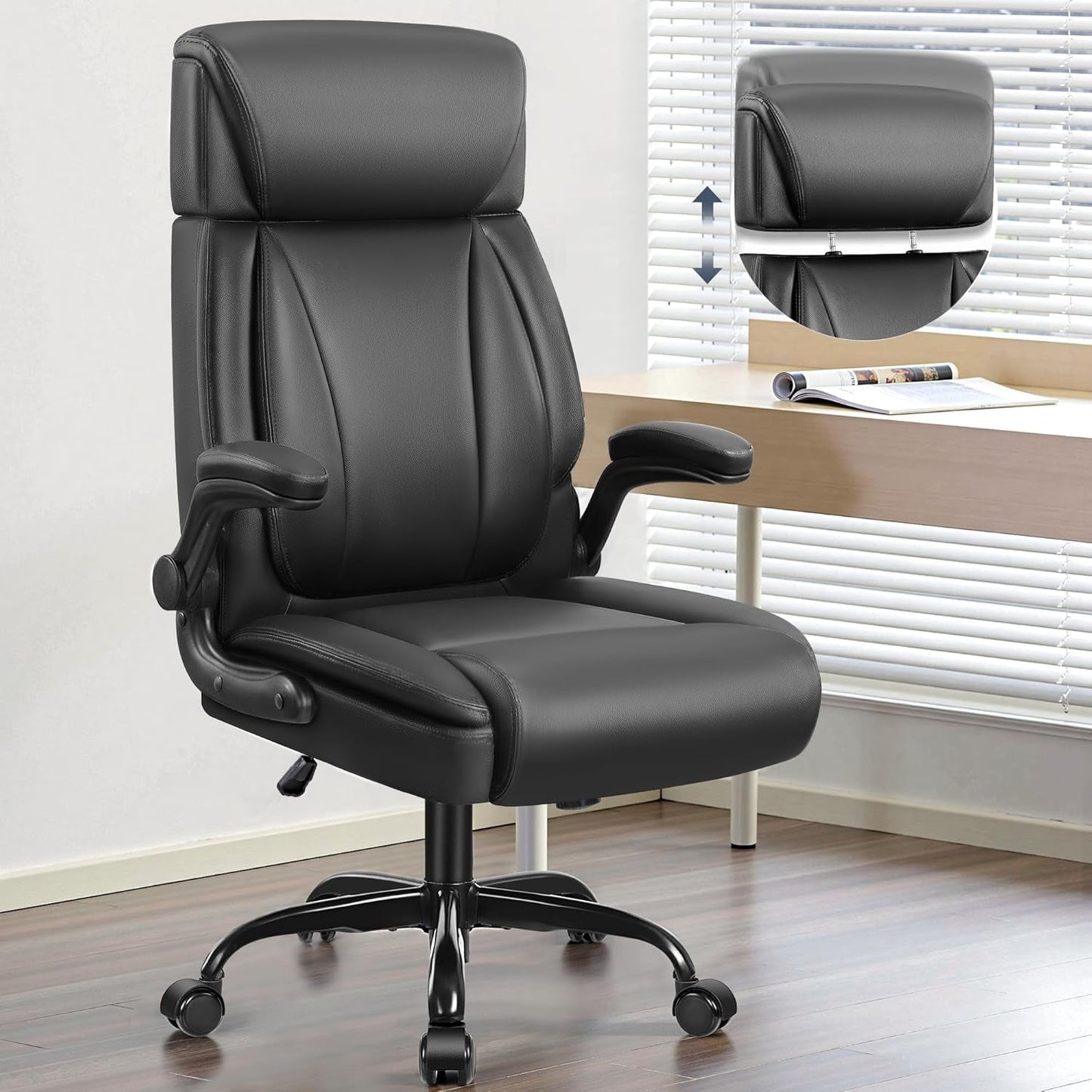 Big Tall Leather Office Chair, Lumbar, Flip-Up Arms-0