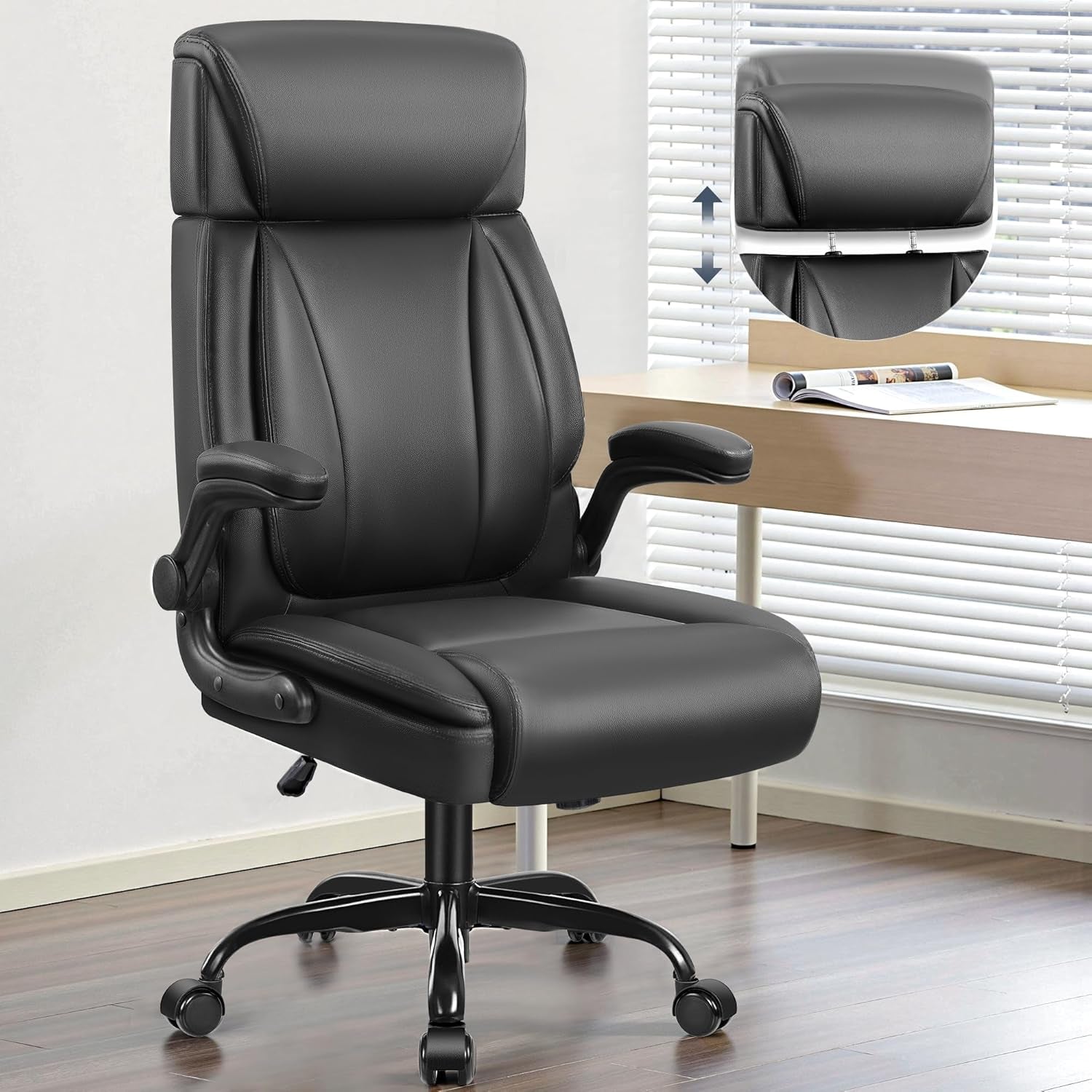 Big Tall Leather Office Chair, Lumbar, Flip-Up Arms-0