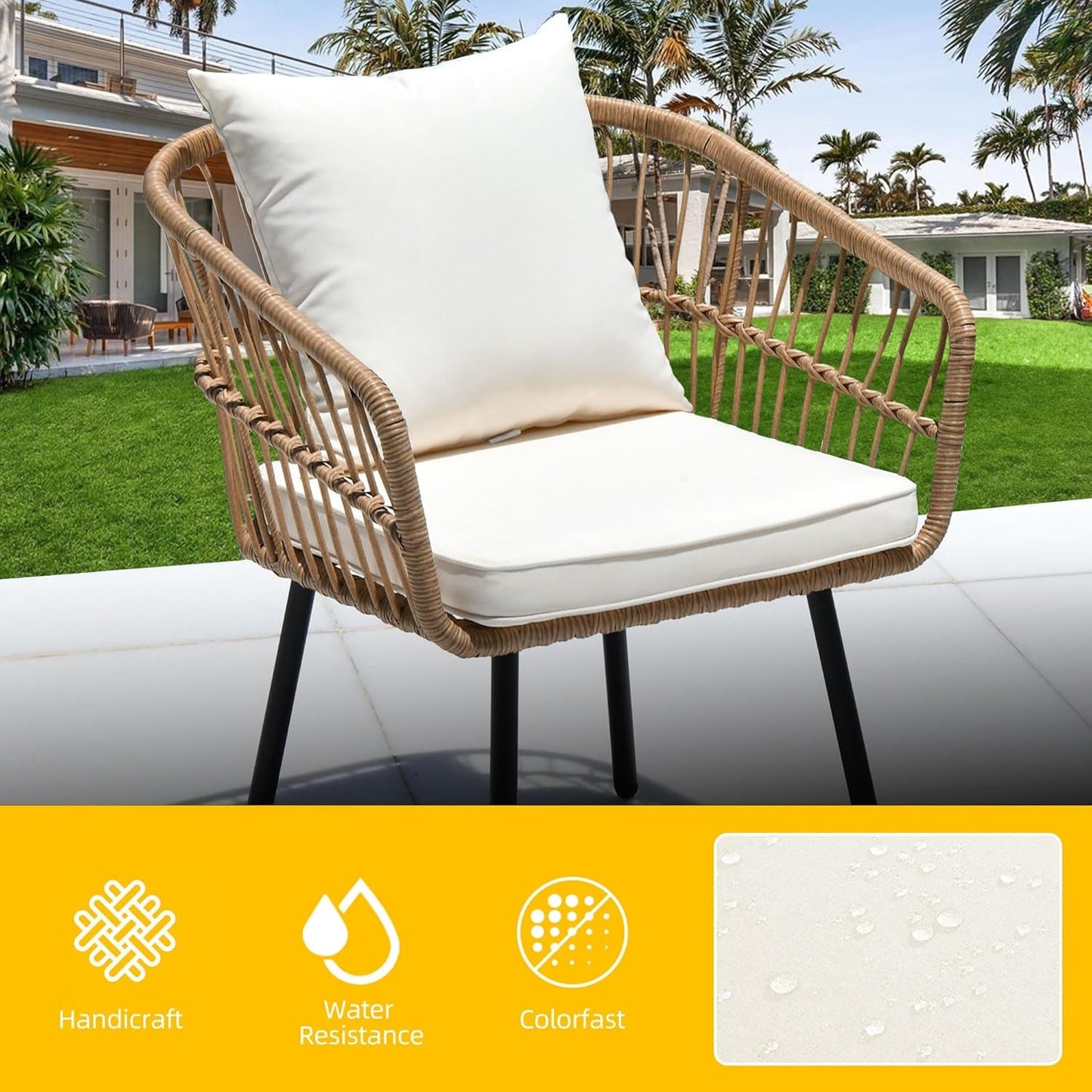 5 Piece Patio Bistro Set, Outdoor Wicker Conversation Set with Ottomans and Side Table, All-Weather Durable Rattan Furniture for Porch, Balcony, Deck, Backyard, Garden (Beige)-2