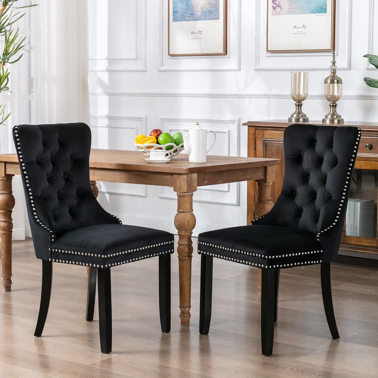 Tufted Dining Chairs Set of 4, Black Dining Chairs with Nailhead Back and Ring Pull Trim, Velvet Upholstered Dining Chairs for Kitchen/Bedroom/Dining Room-1