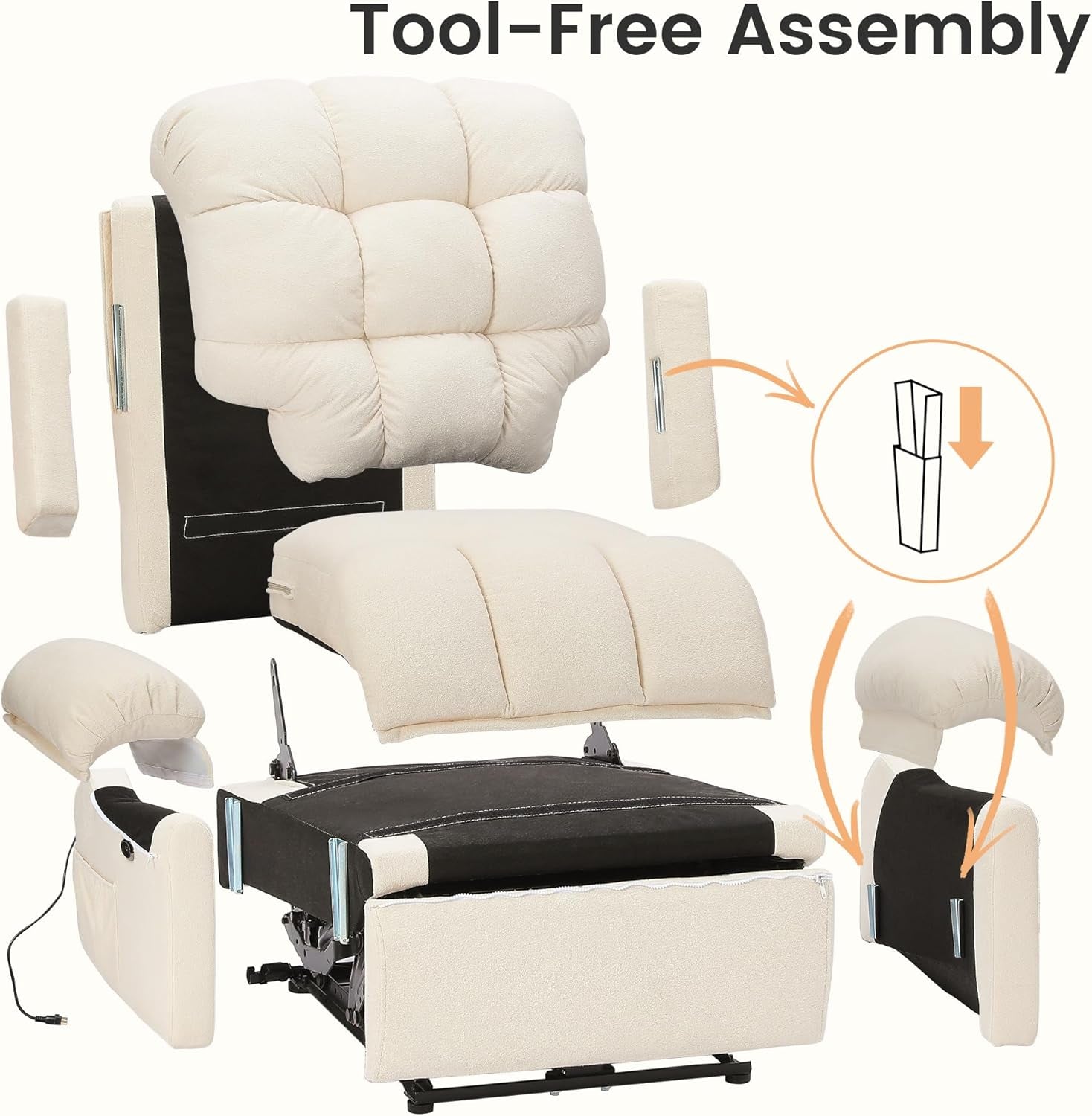 2024 New Power Recliner Chair for Adults, Adjustable Electric Recliner Power Recliner, USB Port, Ultra-Comfy Teddy Fleece Recliner for Living Room, Tool-Less Assembly Single Sofa, Beige White-2