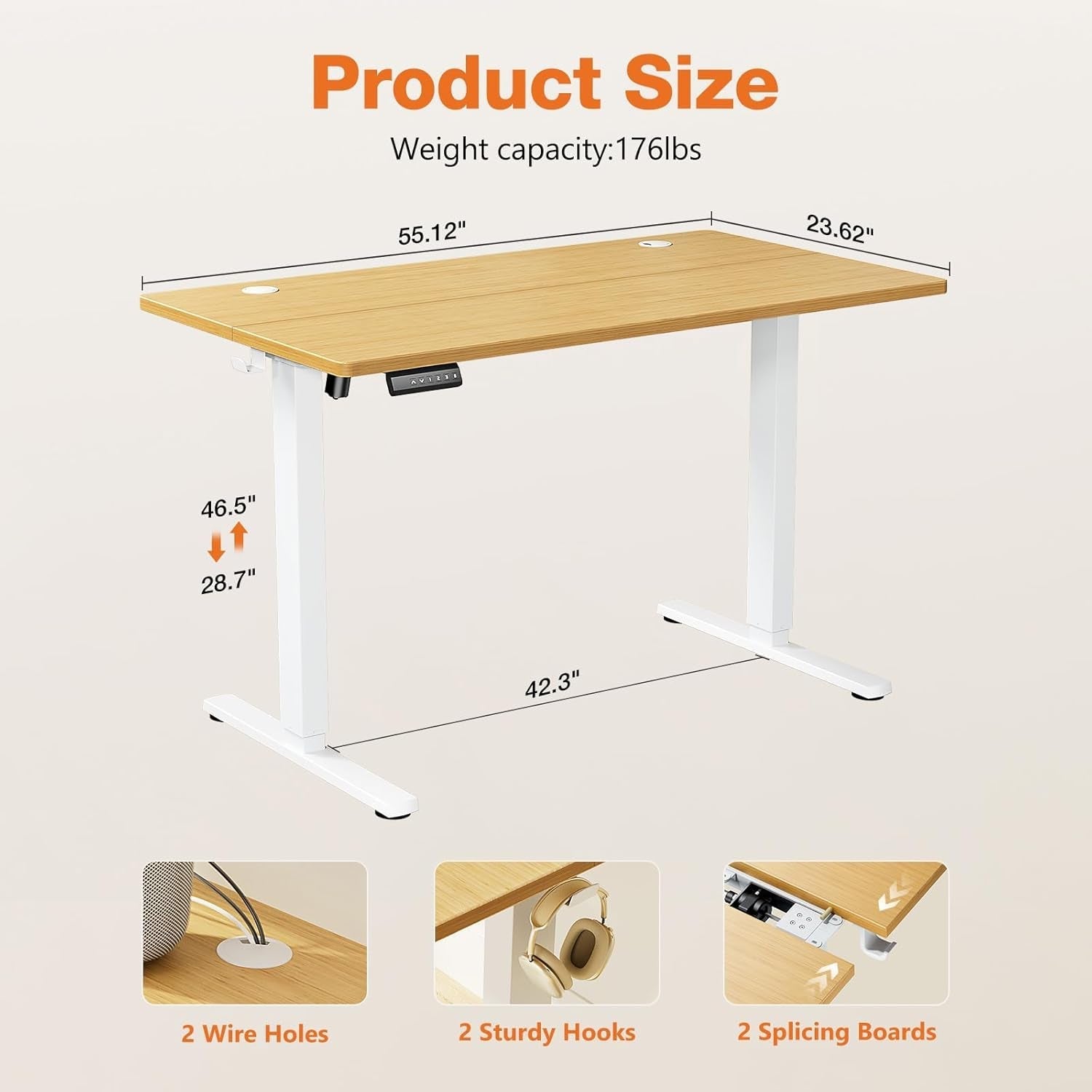 Electric Adjustable Height Standing Desk - 55 X 24 Inch Sit to Stand up Desk with Splice Board, Rising Home Office Computer Table with 2 Hook and Wire Hole for Work-2
