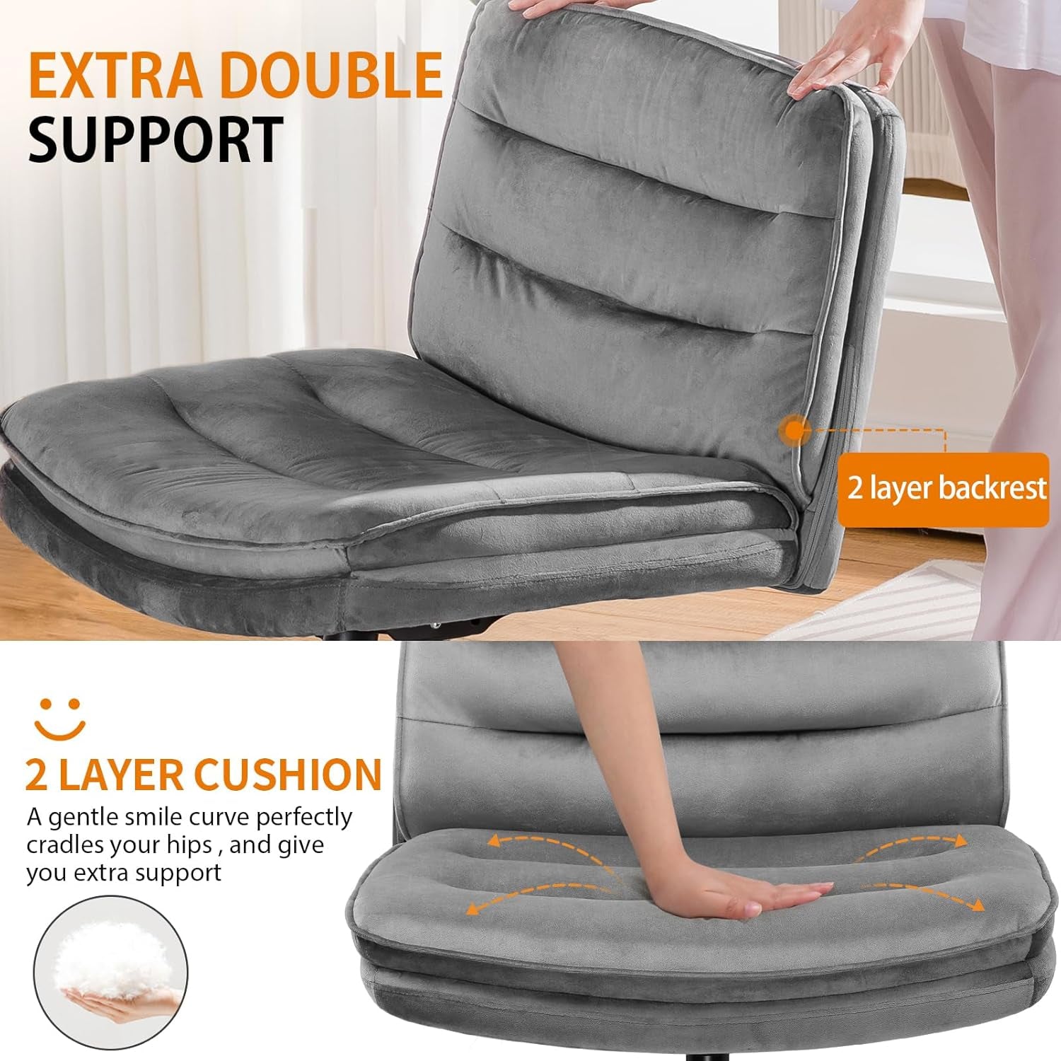Criss Cross Chair with Wheels, Armless Wide Cross Legged Office Chair Mid Back, Modern Home Office Desk Chair Swivel Adjustable Vanity Computer Chair, Gray Velvet-3