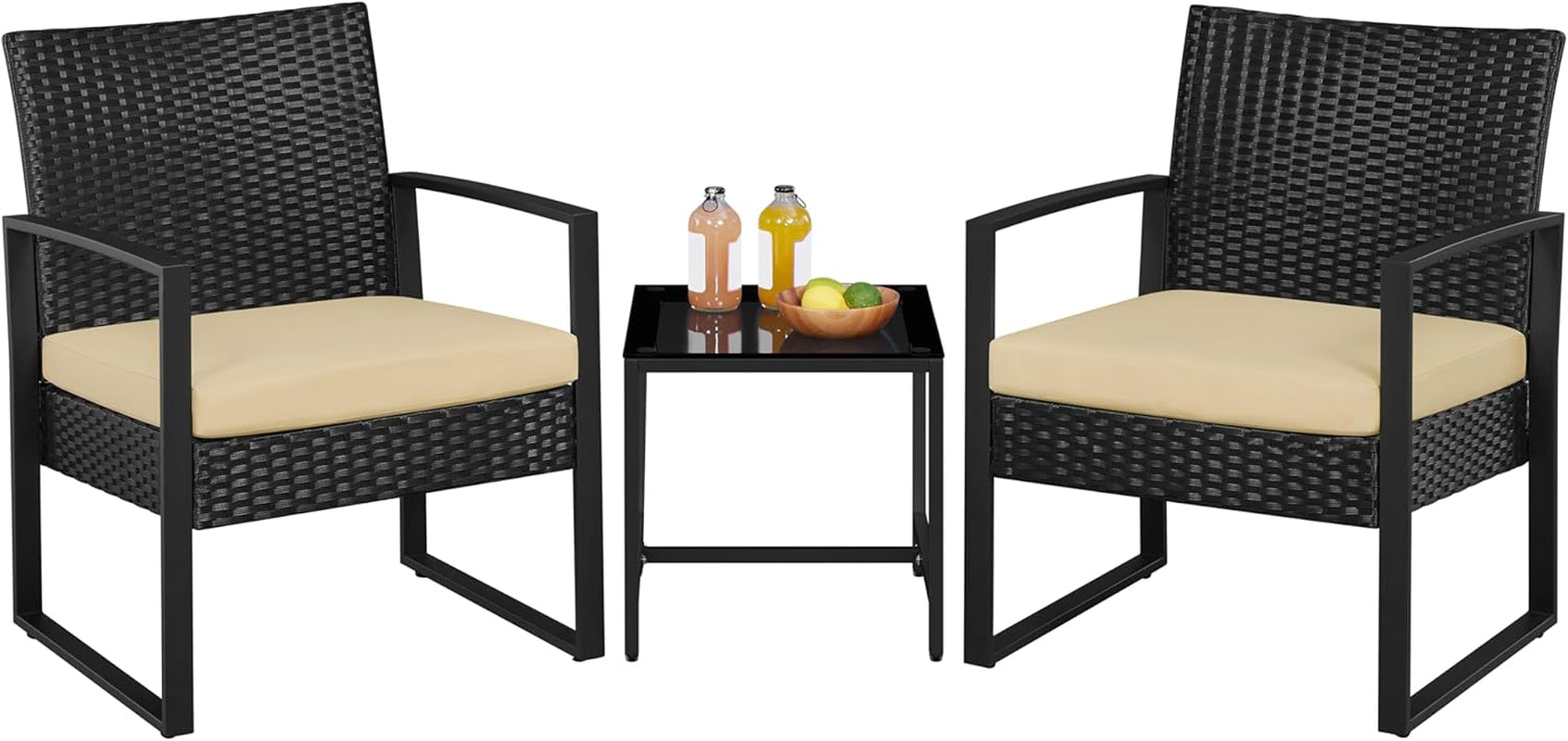 3 Pieces Rattan Bistro Set, Indoor/Outdoor Wicker Patio Modern Conversation Furniture, 2 Chairs & Tempered Glass Coffee Table for Garden, Balcony, Backyard, Poolside, Black/Khaki-0