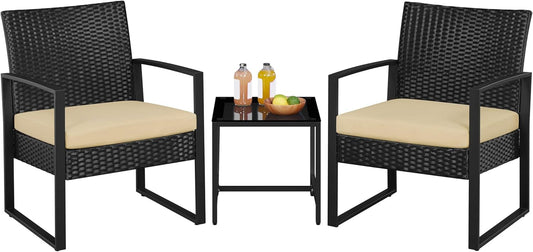 3 Pieces Rattan Bistro Set, Indoor/Outdoor Wicker Patio Modern Conversation Furniture, 2 Chairs & Tempered Glass Coffee Table for Garden, Balcony, Backyard, Poolside, Black/Khaki-0