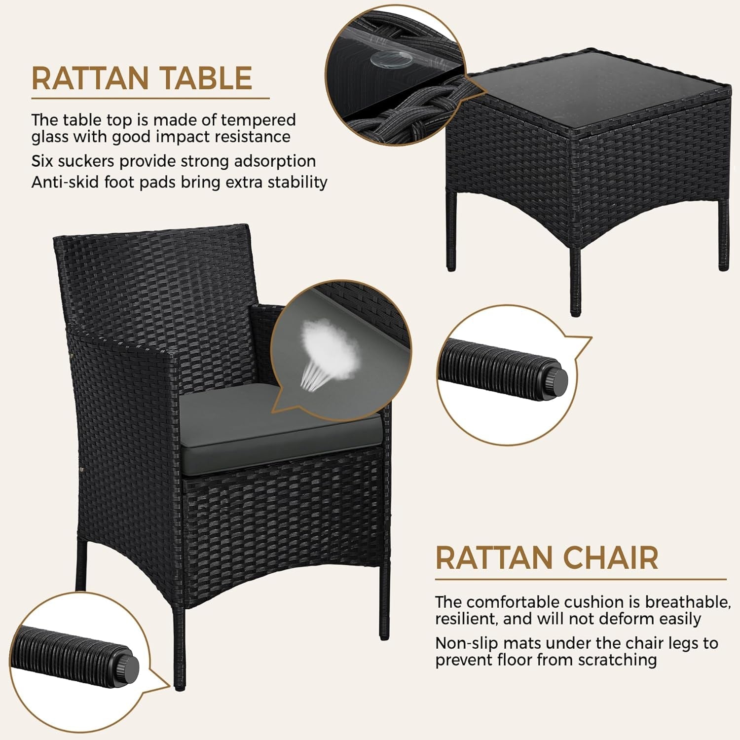 3 Pieces Patio Porch Furniture Set, Outdoor PE Rattan Wicker Conversation Set with Soft Cushions, Glass Coffee Table & 2 Chairs for Garden/Deck/Courtyard/Poolside, Black/Gray-2