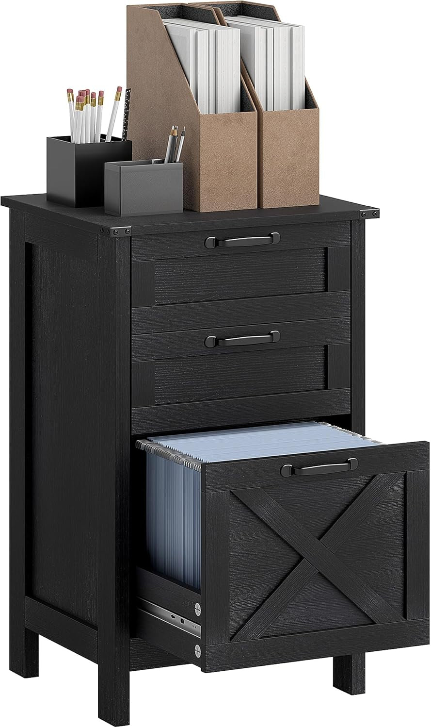 3 Drawer File Cabinet with Silent Slides, Vertical Filing Cabinet for Hanging A4/Letter Size, Rustic Farmhouse Printer Stand with Storage for Home Office, Distressed Black-0