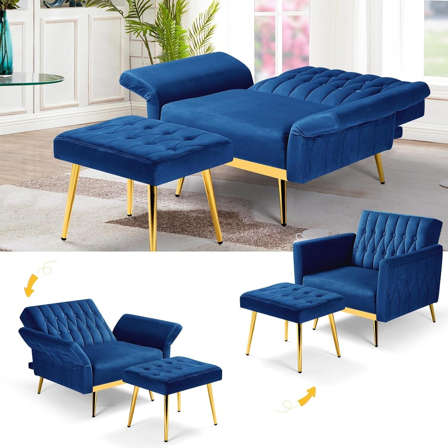 2 Pieces Velvet Futon Sofa Set with Adjustable Backrests and Armrests, 70” Convertible Sofa Bed & Tufted Accent Chair with Ottoman for Living Room, Blue-4