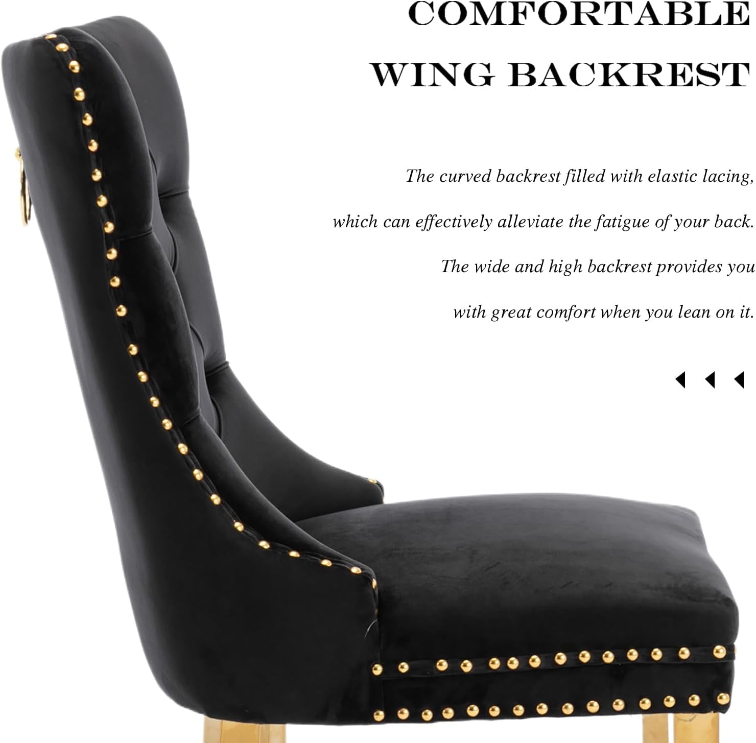 Velvet Dining Chair Set of 2, Upholstered Tufted Dining Room Chair with Nailhead Trim and Stainless Steel Gold Plated Leg for Kitchen, Black-3