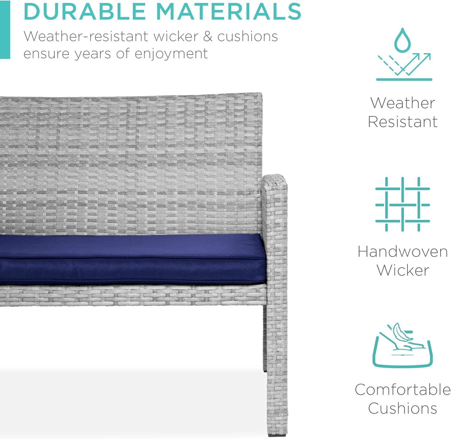 4-Piece Outdoor Wicker Patio Conversation Furniture Set for Backyard W/Coffee Table, Seat Cushions - Gray/Navy-2