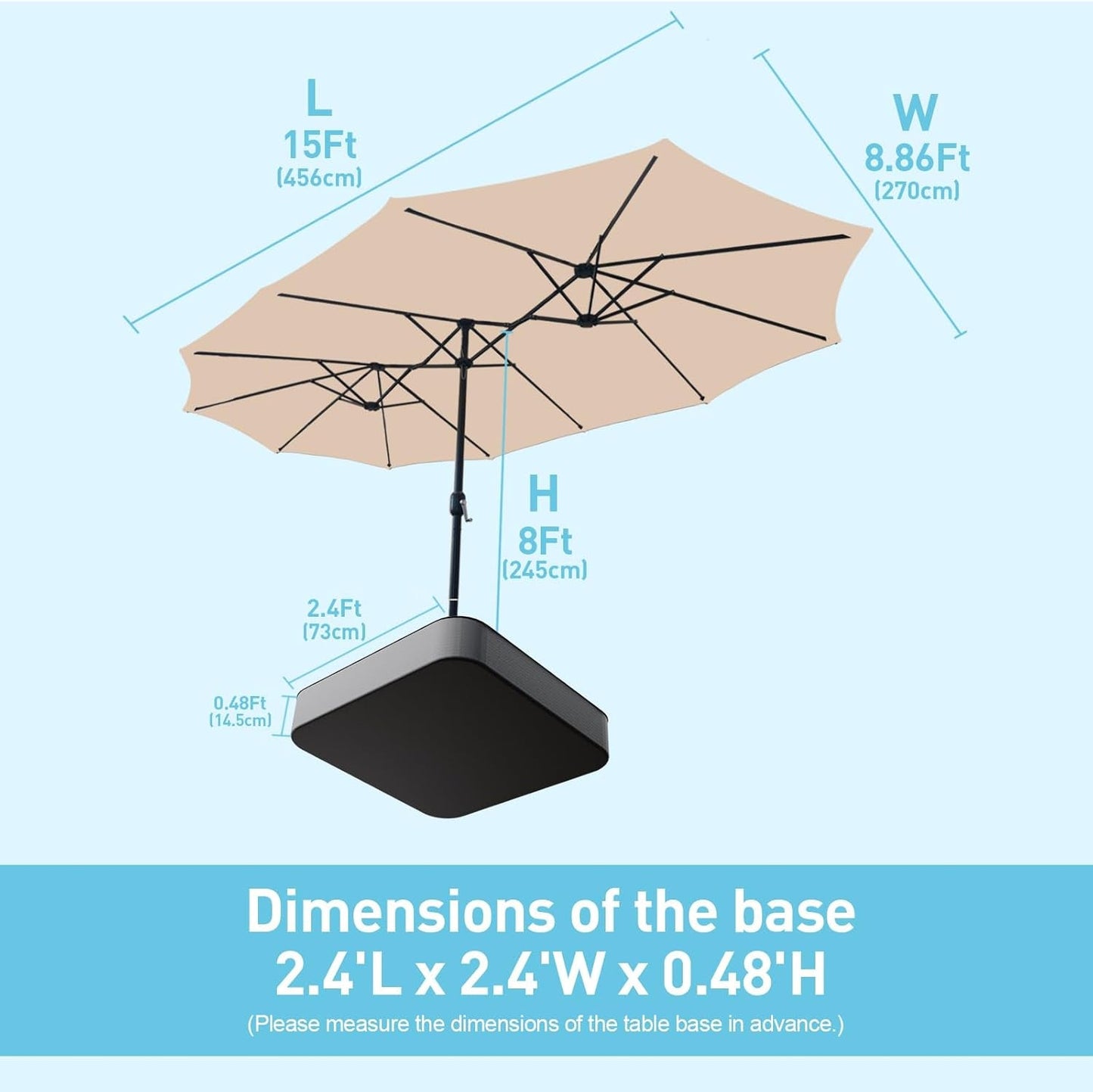15Ft Patio Umbrella with Base Included, Double Sided Outdoor Large Rectangular Patio Umbrella with Crank Handle, for Lawn Garden, Khaki-3