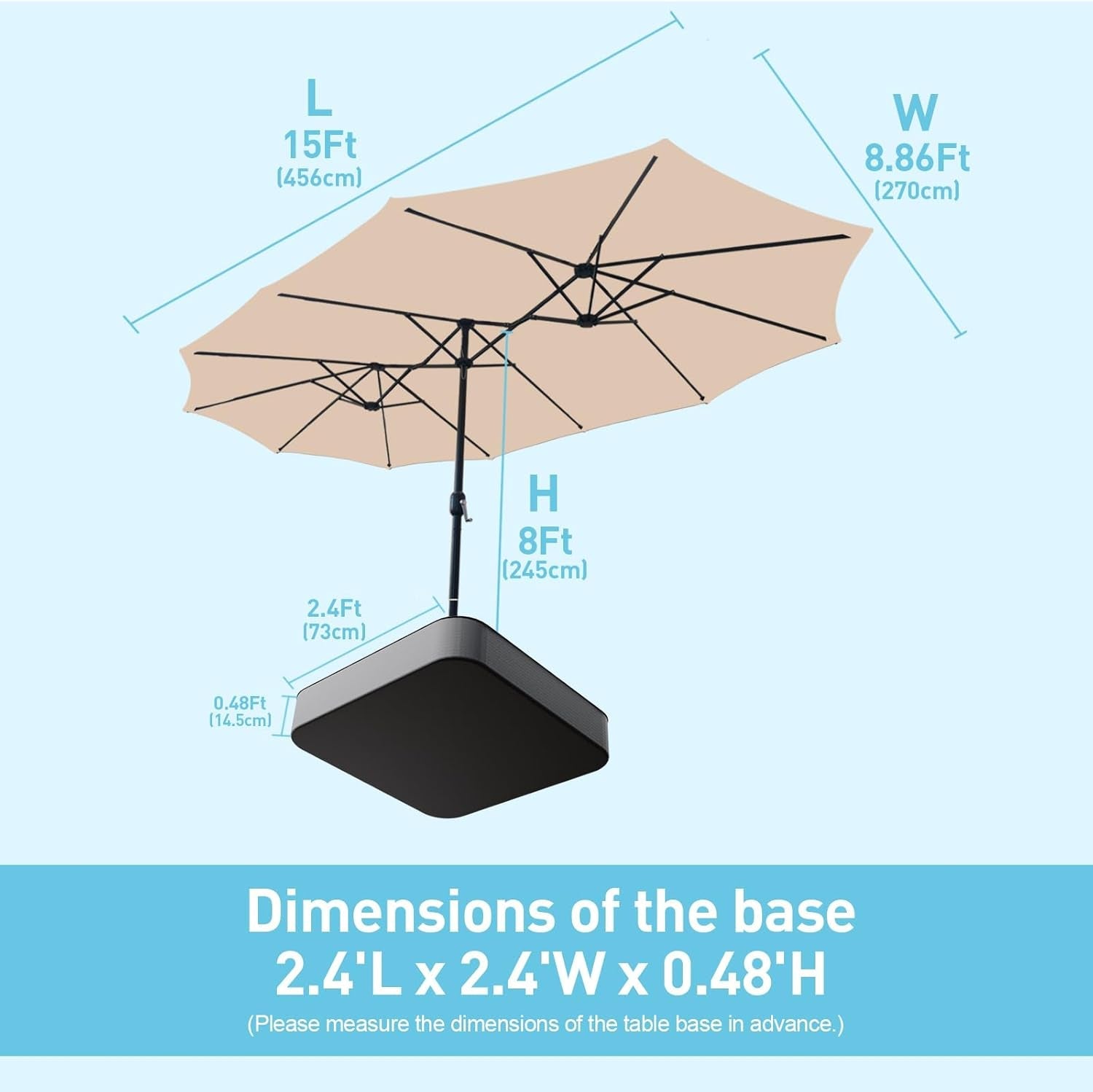 15Ft Patio Umbrella with Base Included, Double Sided Outdoor Large Rectangular Patio Umbrella with Crank Handle, for Lawn Garden, Khaki-3