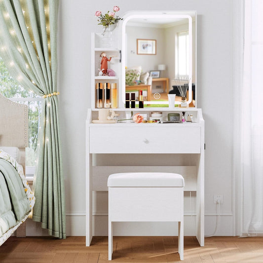 White Small Vanity Set Mirror, Lights, Storage, Chair-1
