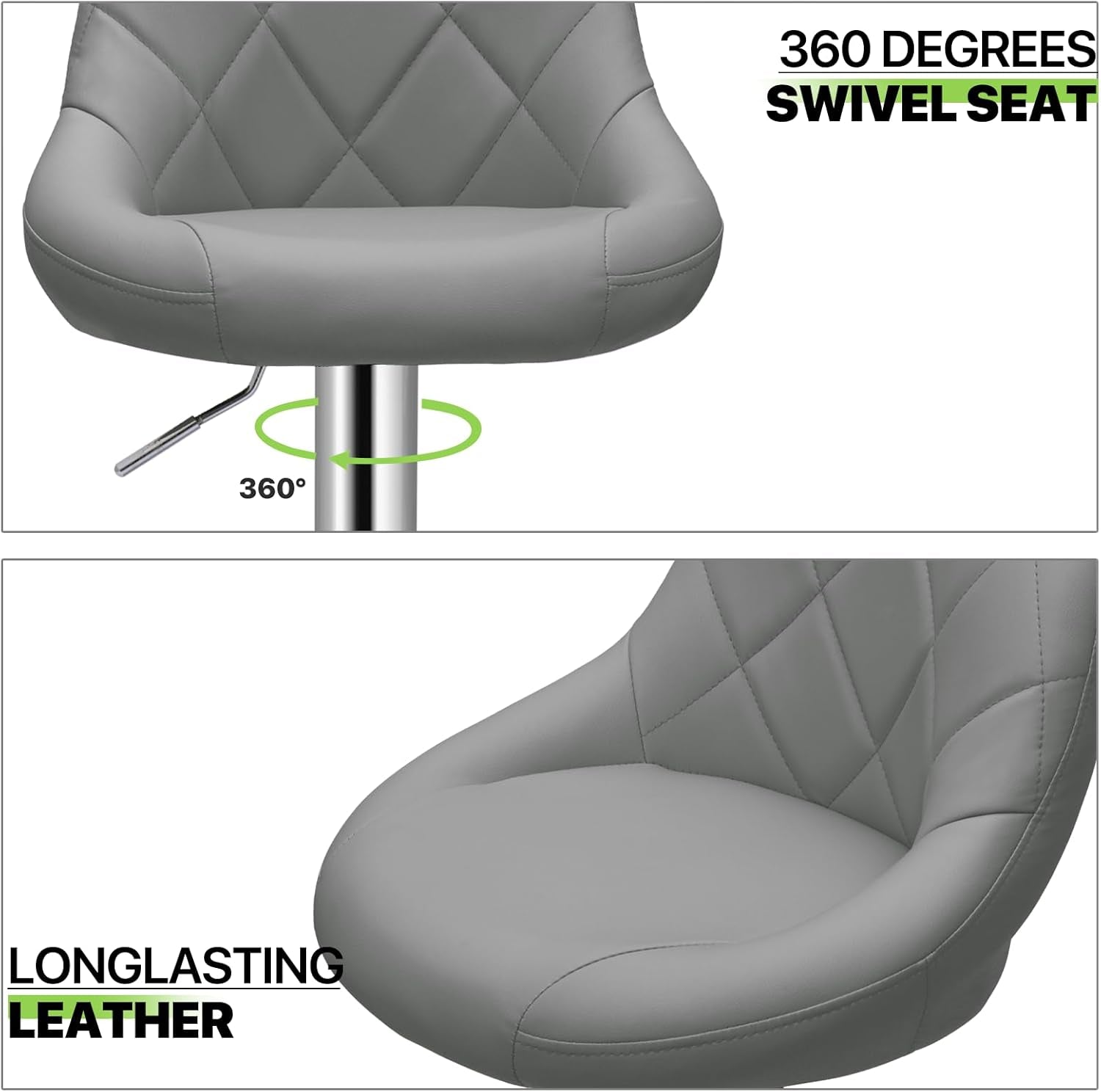 Bar Stools Set of 2 for Kitchen Counter, Height Adjustable Swivel PU Leather Barstools, Modern Bar Chair with Back and Footrest,Gray-4