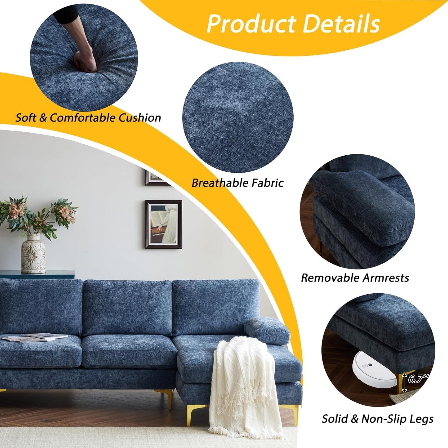 Convertible Sectional Sofa 110" U-Shape Sofa Couch 4-Seat Couch with Chaise Chenillefabric Upholstered for Living Room, Apartment, Office, Grey-Blue-3