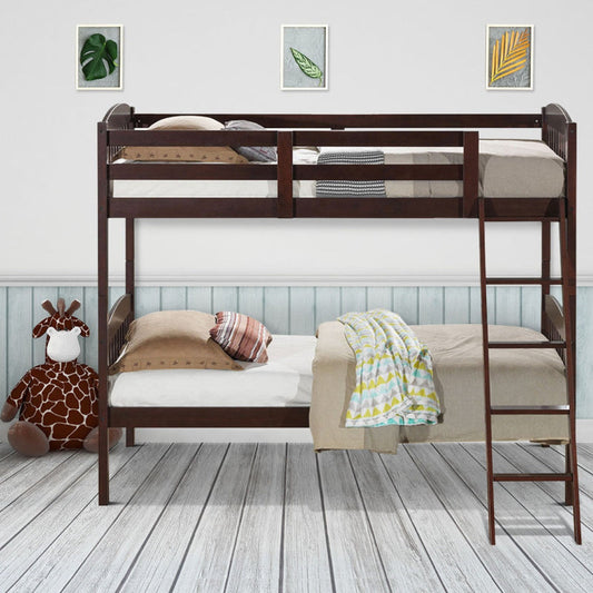 Hardwood Twin Bunk Beds with Inclined Ladder and Safety Guardrails-0