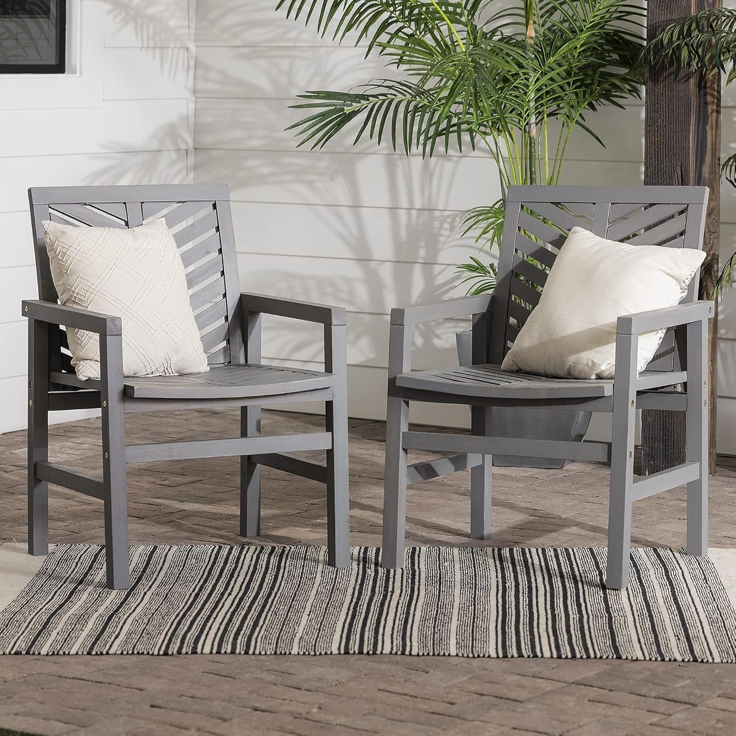 2 Piece Outdoor Patio Chevron Wood Chair Set All Weather Backyard Conversation Garden Poolside Balcony, Set of 2, Grey-0