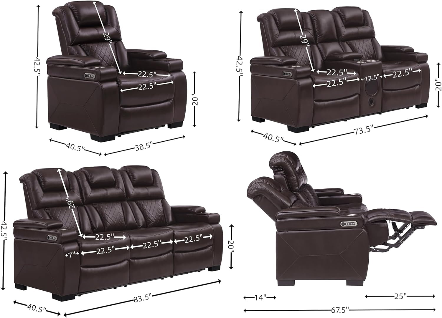 Brown Power Leather Recliner Sofa Set with Features-1
