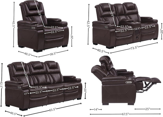 Brown Power Leather Recliner Sofa Set with Features-1