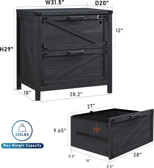 2 Drawer Farmhouse File Cabinet, Lateral Filing Cabinet with Lock for Home Office, Compatible Legal Letter A4 F4 Size, Black-1
