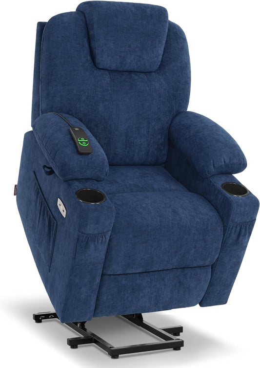 Small Power Lift Recliner Chair Sofa with Massage and Heat for Petite Elderly, 3 Positions, Cup Holders, and USB Ports, Extended Footrest, Fabric 7141 (Admiral)-0