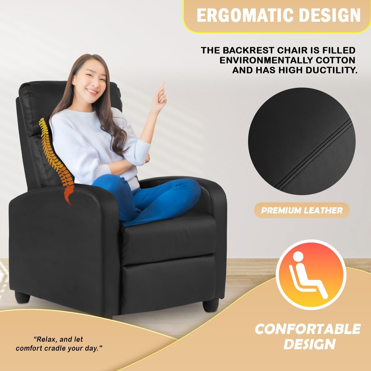 Recliner Chair Single Reclining Sofa Home Theater Seating with Lumbar Support and Padded Backrest for Living Room and Bedroom (Leather, Black)-3