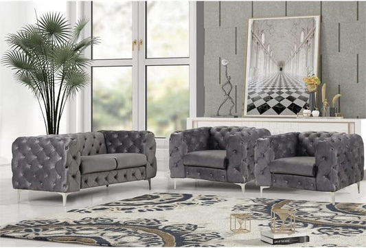 3- Piece Button Tufted Velvet Fabric Livingroom Set -Grey-0