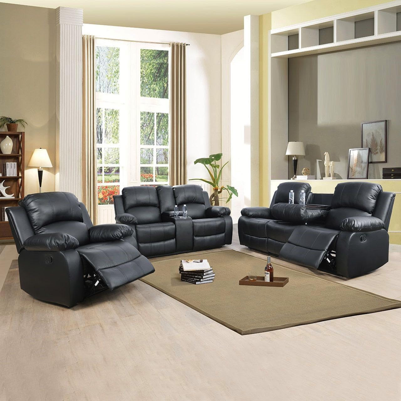 Leather Recliner Sofa Set，Leather Reclining Sofa Set for Living Room Furniture Sets，Black Recliner Couch Set for Living Room/Office/Theater Seating(Sofa Set 3 Pieces)-0