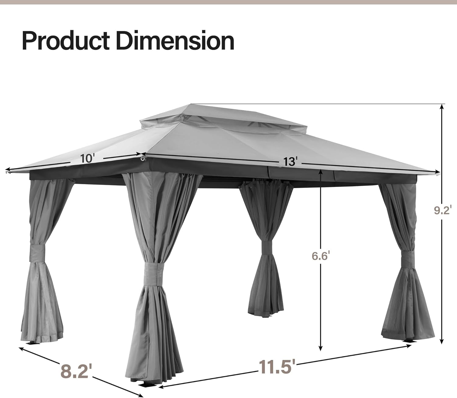 Outdoor Patio Gazebo 10'X13' with Expansion Bolts, Heavy Duty Party Tent & Shelter with Double Roofs, Mosquito Nettings and Privacy Screens for Backyard, Garden, Lawn, Smoke Grey-2