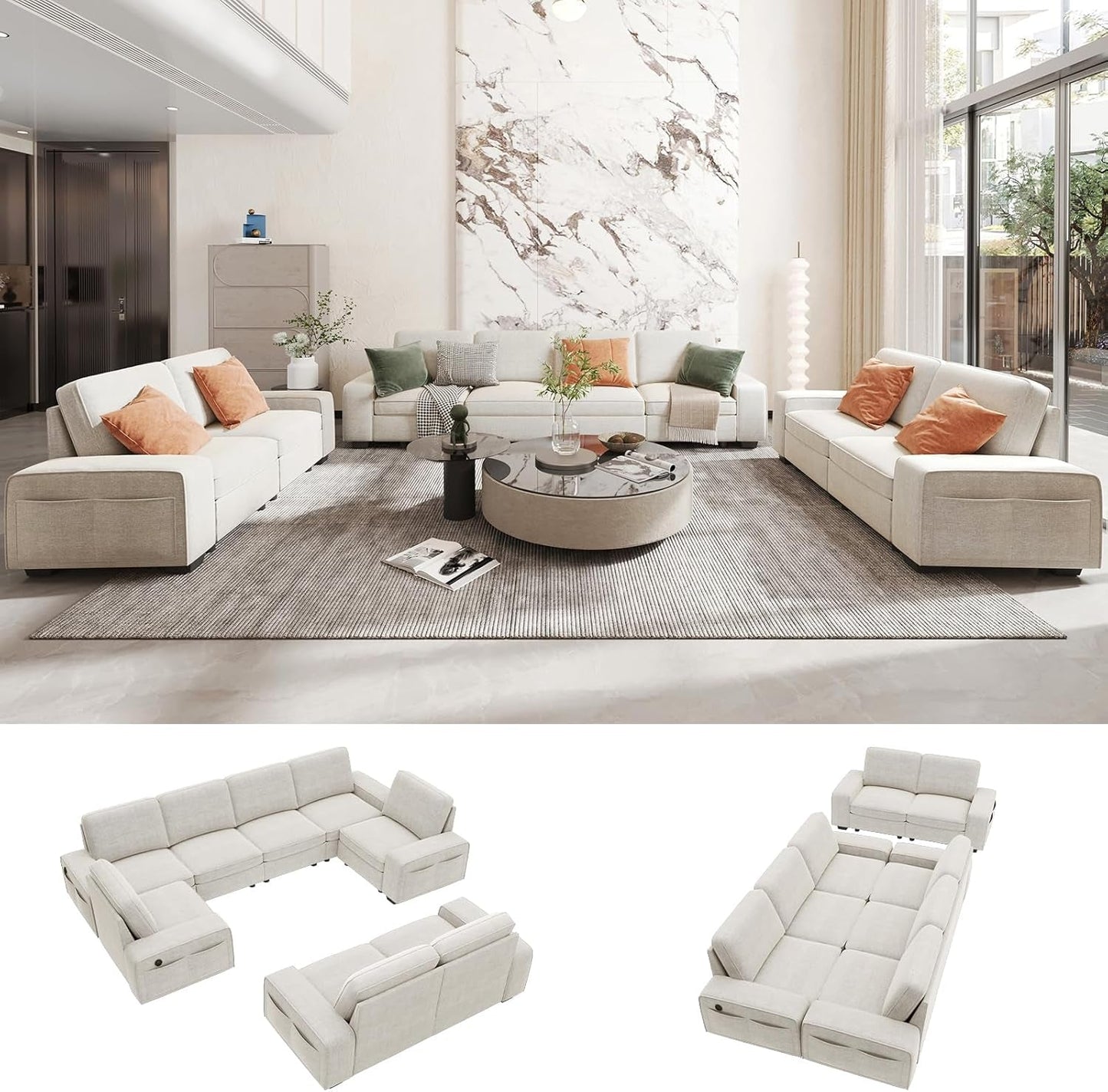 Beige U Shape Sectional Sofa for Living Room/Office 8 Seater Sofa Sets with Large Storage Space Comfy Chenille Cover (4-Seat Modular Sofa & 2×Loveseat Couch)-0